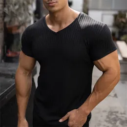 Men s T Shirts Men V Neck Short Sleeve T Shirt Slim Fit Sports Strips T shirt Male Solid Fashion Tees Tops Summer Knitted Gym Fitness Clothing 230720