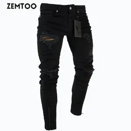 Zemtoo Men's Black Ripped Jeans Washed Frayed Byxor dragkedja Dekoration Pants282U