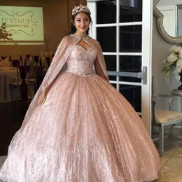Unik design Big Shawl Rose Gold Quinceanera Prom Dresses 2022 Bling Sequined Sweetheart Ruched New Evening 15 Party Vestidos 15 281A