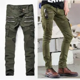 Новые мужчины дизайнерские армии зеленые байкерские джинсы мужчины с прямой джинсовой джинсовой джинсы