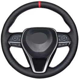 DIY Sew Steering Wheel Cover för Toyota Camry 2018-21 Corolla 2020-21 RAV4 Avalon 2019-21 Black Leather Interior Accessories253a