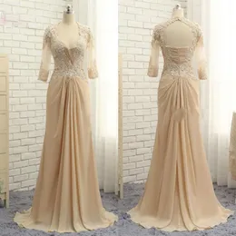 Betautiful Champagne Mother of the Bride Groom Dresses 2022 med Illusion 3 4 ärmar Lace Keyhole Back Applique Chiffon Long Even266s
