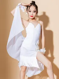 Stage Wear Kids Latin Dance Competition Dress Girls White Fringe Flower Ballroom Performance Costume Cha Abiti DNV18136