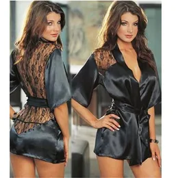 1 Uds. De lencería Sexy de talla grande, Kimono negro de encaje satinado, ropa de dormir íntima, bata de noche Sexy para mujer, ropa interior erótica Sexy 2716