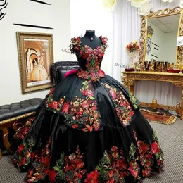 Vintage Schwarze Stickerei Quinceanera Kleider 2021 Mexikanisches Ballkleid Applikationen Spitze Abendkleid Korsett Vestidos de 15 Anos Formal Wo262o