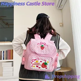 Torby szkolne Kawaii Outdoor Daypack Śliczne truskawkowe hafty uczeń Mochila Dots wielopaskie