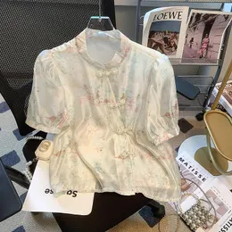 Kvinnors blusar satin tröjor sommar 2023 blomma kinesisk stil smal siden kort ärm topp damer o-hals kläder ycmyunyan