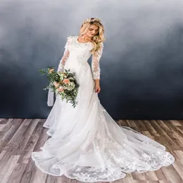 2021 Proste A-Line Skromne suknie ślubne Suknie z długimi rękawami Szampan Szampański Koronki Kwiki Kwiki Religijne LDS Bridal 2510