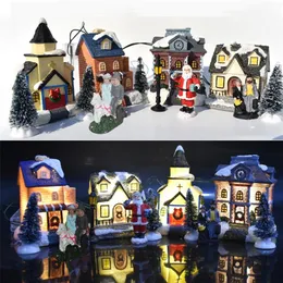 Julekorationer 10 PCS Set Ornament Glowing Cottage Luminous Cabin Santa Claus Small House Village Building Decor for Kids G236A