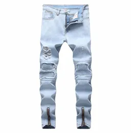 Top quality 2020 whole Casual Biker jeans men's jeans pale blue hole locomotive foot biker motorcycle Zipper men's2842