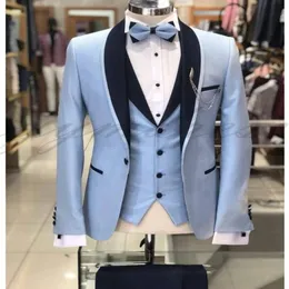 Light Blue Wedding Groom Tuxedos for Mens Suits Black Shawl Lapel One Button 3 Piece Suit Blazer Prom Suit Jackets Vest Pants B240P