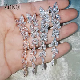 مسمار Zakol الفاخرة Marquise Cluster Shiny Leaf Shape مكعب الزركونيا الطويل متدلى القطط قطارات للعرائس مجوهرات الزفاف FSEP2605 230719