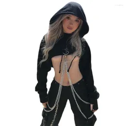 Moletons femininos 2023 outono inverno preto vermelho hip hop punk sexy moletom com capuz cropped com correntes feminino gótico harajuku moletons fashion