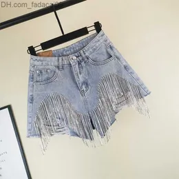 Kvinnors jeans kvinnors tunga strass fransade hål jeans shorts kvinnlig hög midja sommar mode bred ben denim shorts z230720