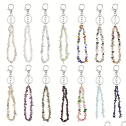 Nyckelringar Fashion Natural Stone Chip Beads Nets Fluorite Amethyst Rose Crystal Quartz Keychain Bag Car Hanging Charms Drop de Dhgarden Dhahr