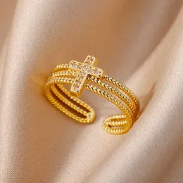 Anéis de cruz de pedra de zircão para mulheres anel de aço inoxidável ajustável novo em design de presente de casamento de luxo 2023 anillos