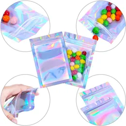 Resealable mylar bags holographic 컬러 다중 크기 냄새 증거 가방 투명 지퍼 음식 사탕 저장 포장 가방 221e