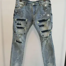 Men jeans lyxiga designbyxor lång mager blå konstgjorda diamant förstör täcken rippad hål designer jean mens designers tyg270l