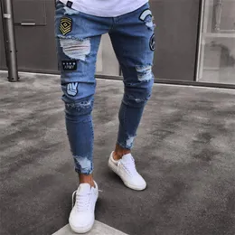 2019 Moda Uomo Jeans skinny Rip Slim fit Stretch Denim Distress Jeans biker sfilacciati Ragazzi Motivi ricamati Pantaloni a matita2998