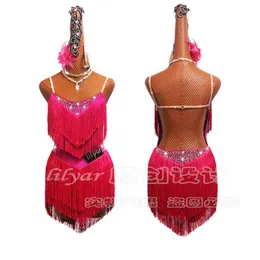 Işıltılı rhinestones latin dans elbiseleri kadınlar seksi sırtsız salsa fringe pubsel etek sahne elbise balo salonu rekabet kıyafetleri298h