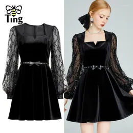 Vestidos Casuais Tingfly Feminino Primavera Verão Doce Senhora Menina Bonito Veludo Preto Mini Curto Decoração De Cristal Chique Elbise Goblinco