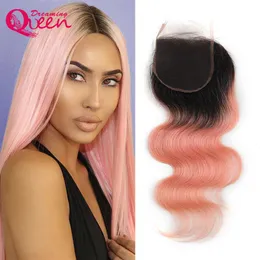 1b różowa fala ciała koronka zamyka Ombre Brazylijskie ludzkie włosy różowe 4x4 zamknięcia dziewicze ludzkie włosy snowe hairs ”