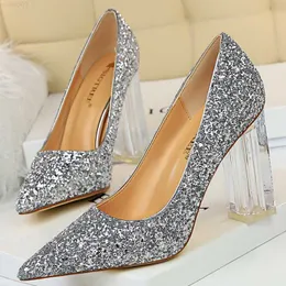 Sandals Bigtree Shoes Therparent Heels Women Pumps Sequins Wedding Shoes Square Heels Women Shoes Crystal Heel Sexy Heeled Shoes 2021 L230720