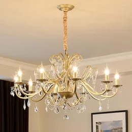 Chandeliers American Luxury K9 Crystal 천장 레트로 철분 거실 식당 LED 조명 El Villa 로비 로비 로프트 매달이 램프