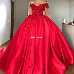 Modest ombro de fora vermelho vestido de baile vestidos quinceanera apliques frisado cetim espartilho rendado vestidos de baile doces maxi vestidos 2019199y