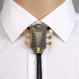 Bolo Ties Fashion Metal Guitar Head Bolo Tie for Men Necklace Pendant Wedding PU Leather Rope Necktie Shirt Collar Bowtie Western Cowboy HKD230719