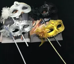 Maskeradmasker handgjorda Halloween Party Venetian paljetter Mask Halafce Mask med sidoblomma Stick Hand Hold Mask2027606 LL