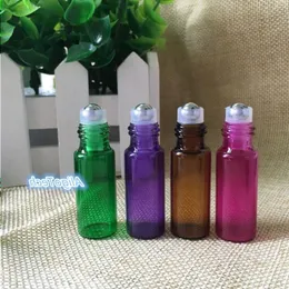 Großhandelspreis 4 Farben 5 ml Bunte Glasflaschen mit Stahlkugel zum Aufrollen für Augencreme, Parfüm, ätherisches Öl, Lipgloss-Flaschen 180 Slpl