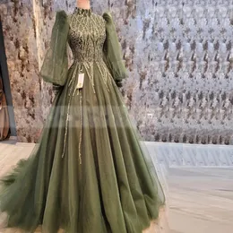 Vestidos de noite muçulmana de miçangas vintage lantejão uma linha de kanfan vestido formal pescoço alto de manga comprida fêmeas do Oriente Médio Vestido de Noche 407