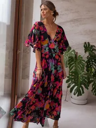 Basic Casual Dresses Bohemia Print Butterfly Sleeve Vintage Maxi Dress For Women Casual V-neck Backless Summer Dress Female Beach Holiday Party Dress 230719