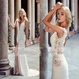 Modern Sheath Slim Greek Wedding Dresses Sexy Deep V Neck Boho Front Split Beaded Bridal Gowns Custom 2018251F