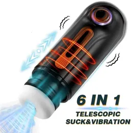 Masturbators 6in1 Manlig onani Automatisk infällbar sug för oralsex Male Vibrator Masturbation Cup Pussy Real Vagina Toy 230719