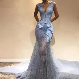 Abendkleider 2020 Dusty Blue Lace lungo Mermaid Prom Dresses Sexy Scollo A V Senza Maniche Formale Abiti Del Partito Vestido De Festa221C