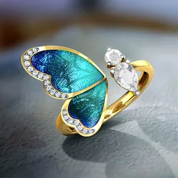 Fantasy Blue Butterfly Wings Gold Open Finger Rings Charms Gioielli Moda regolabile con strass Anelli da festa per le donne3417