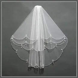 Velo da sposa corto bianco o avorio con perle con bordo in cristallo con pettine Veli da sposa da sposa con perline 2T303o