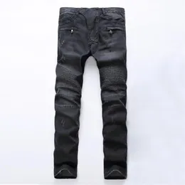 Estilista de moda jeans masculino com zíper biker patchwork slim fit preto moto jeans jogger plissado legal 251h