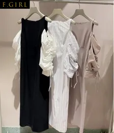 Casual Dresses F GIRLS 2023 Summer Femme Robe Elegant Puff Sleeves Off Shoulder Shirring Dress Japanese Straight Mid Length Vestidos