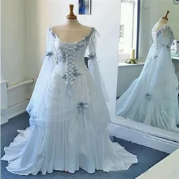 Vintage Celtic Wedding Dresses White and Pale Blue Colorful Medieval Bridal Gowns Scoop Neck Corset Long Bell Sleeves Applique2127