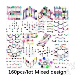 Hela 160 st. Set Body Piercing Assorted Mix Lot Kit 14G 16G Ball Spike Curved Sexy-Belly Rings Ear Tongue Pircing Barbell Bars227s