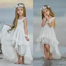 Cheap Bohemian High Low Flower Girl Dresses For Beach Wedding Pageant Gowns A Line Boho Lace Appliqued Kids First Holy Communion D248N