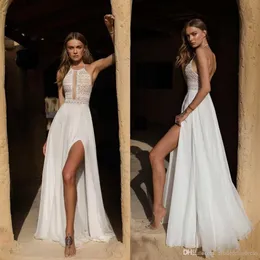 Sexy Asaf Dadush Vestidos de novia de encaje Lado alto Dividir sin espalda Gasa Vestido de novia de playa Vestidos de novia Vestidos De Novia robe de 232h