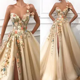 2019 Gorgeous Champagne One Shoulder Ruched A Line Prom Dress Front Slit Tulle Hand Made Flowers Plus Size Party Evening Gowns310a