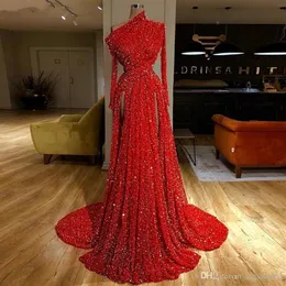 2020 eine Schulter Rot Pailletten Formale Abendkleider Langarm Side Splits Geraffte Prom Party Kleid Vestido de Fiesta220S