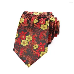 Bow Ties 7CM Mens Necktie Red W/ Yellow Flowers Ascot For Man Polyester Silk Cravat Wedding Business Party Corbatas Para Hombre