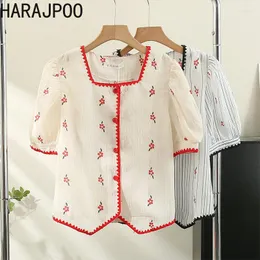 Women's Blouses Harajpoo Korean Fragmented Flower Square Collar Tops 2023 Women Summer Harajuku Bubble Sleeve Contrast Printting Loose