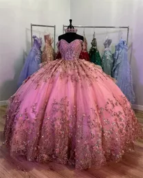 빛나는 꽃 아플리케 코르셋 핑크 어깨 Quinceanera 드레스 볼 가운 공주 드레스 vestidos de Quinceanera